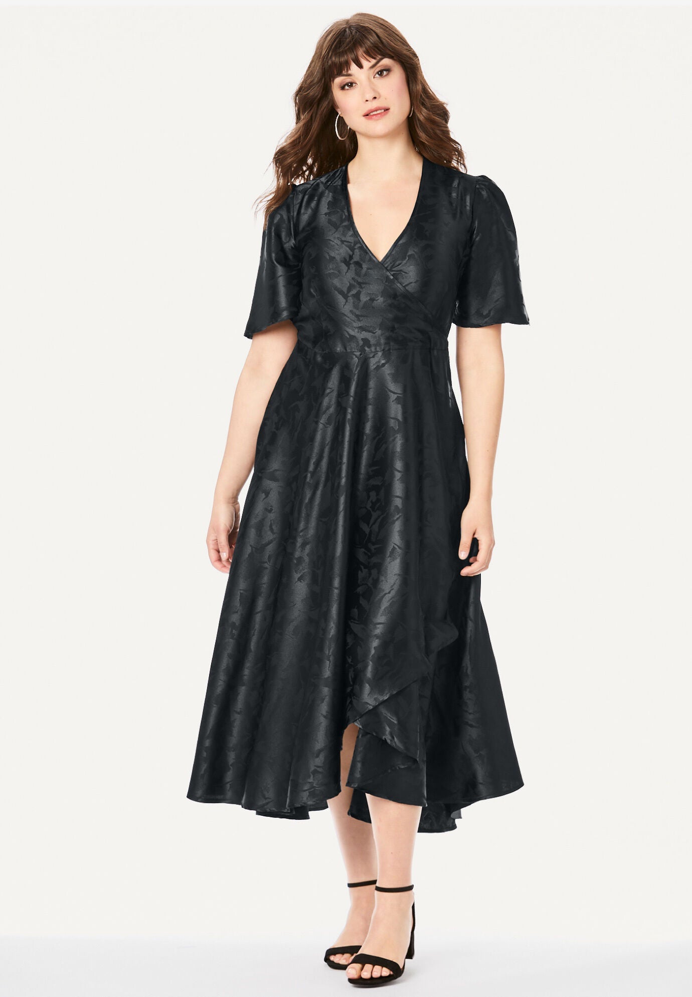 Faux-Wrap Satin Dress, BLACK, hi-res image number 0
