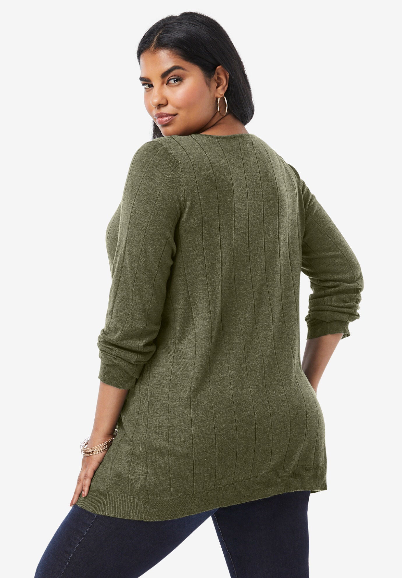 Plus Size Drop Needle V-Neck Lightweight Sweater Knit, BLACK, alternate image number 2