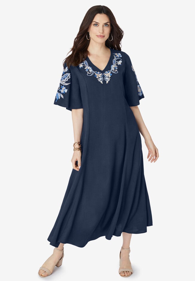 Flutter-Sleeve Embroidered Midi Dress, NAVY FLORAL EMBROIDERY, hi-res image number null