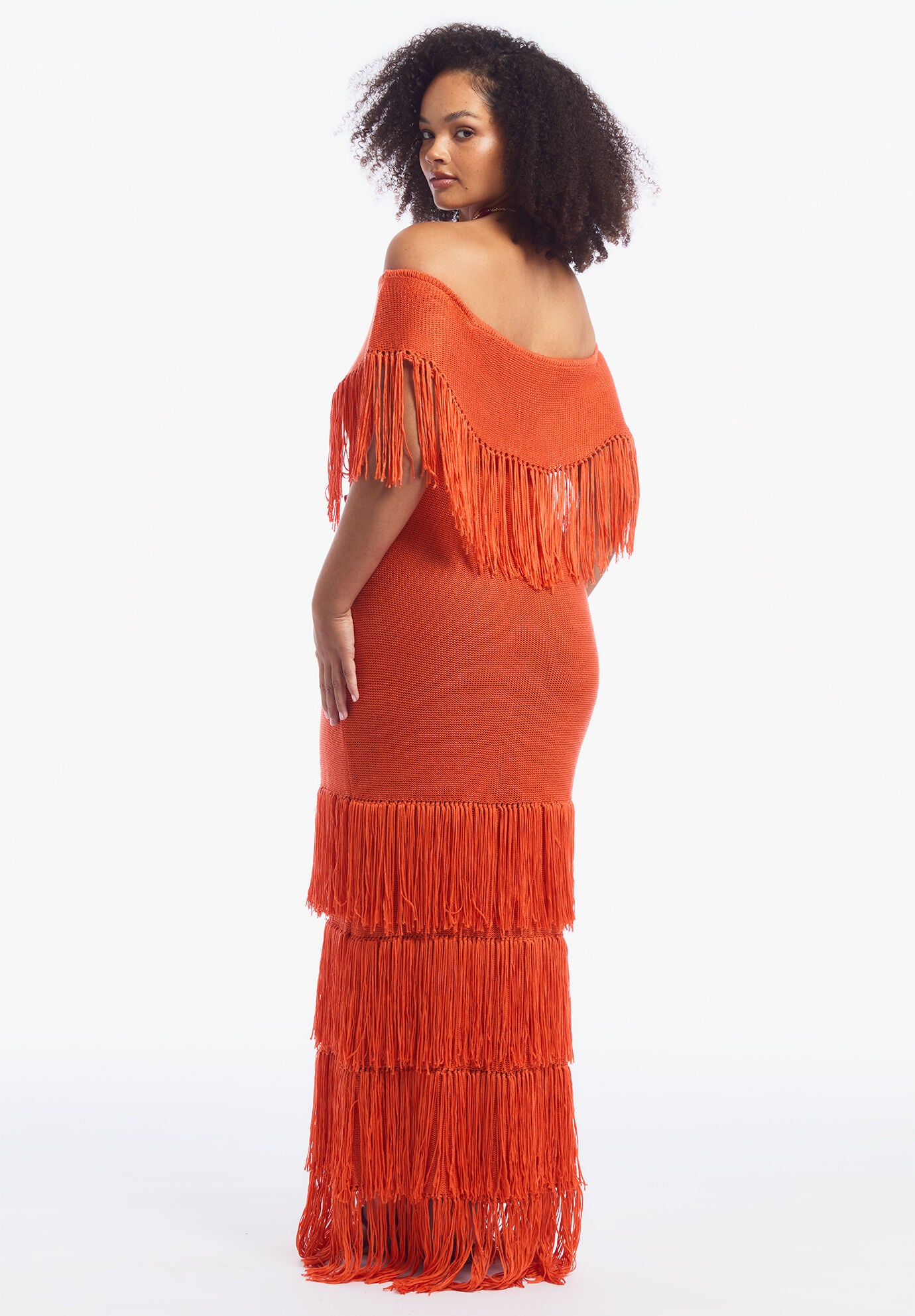 Off-Shoulder Fringe Sweater Dress, GINGER, alternate image number 2