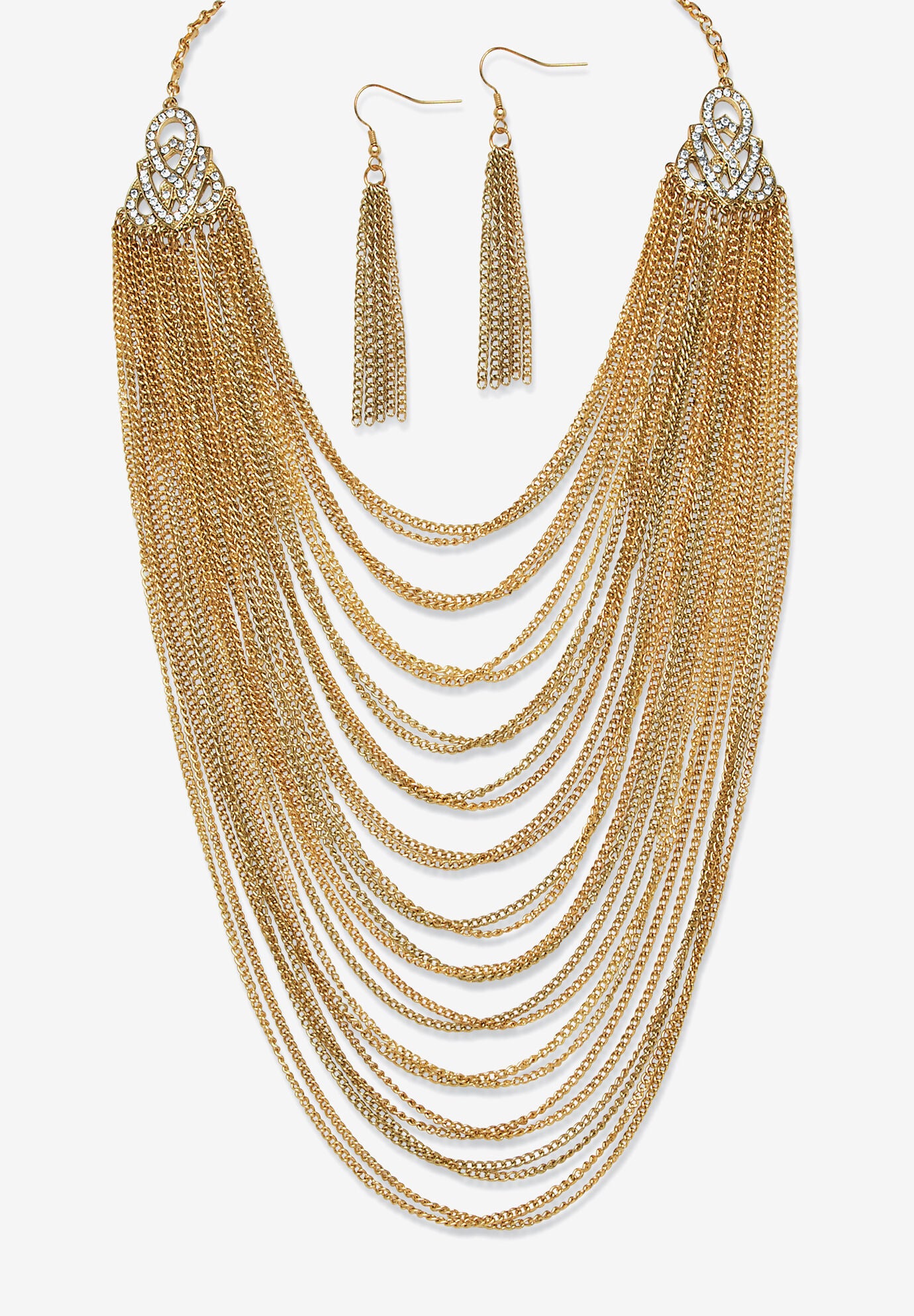Gold Tone Waterfall 22 inches Necklace and Drop Earring Set, GOLD, hi-res image number 0
