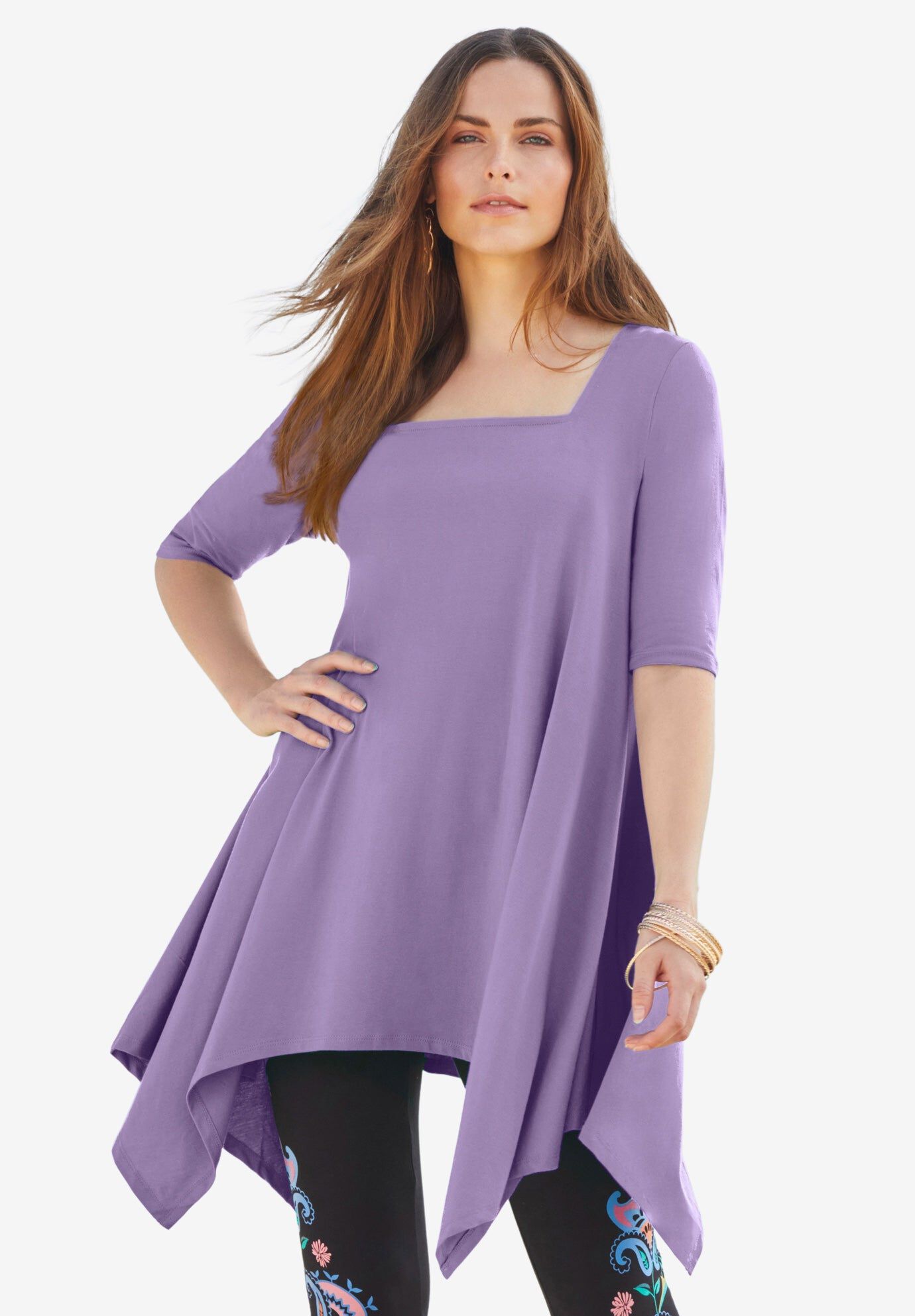 Ultimate Square Neck Handkerchief Hem Tunic, VINTAGE LAVENDER, hi-res image number 0