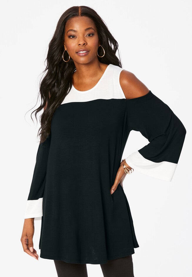 Colorblock Cold-Shoulder Tunic, BLACK AND WHITE, hi-res image number 0