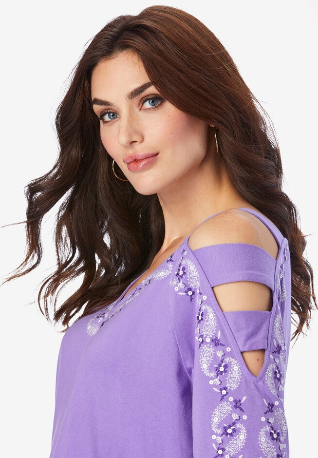 Embroidered Cold-Shoulder Top, , alternate image number 3