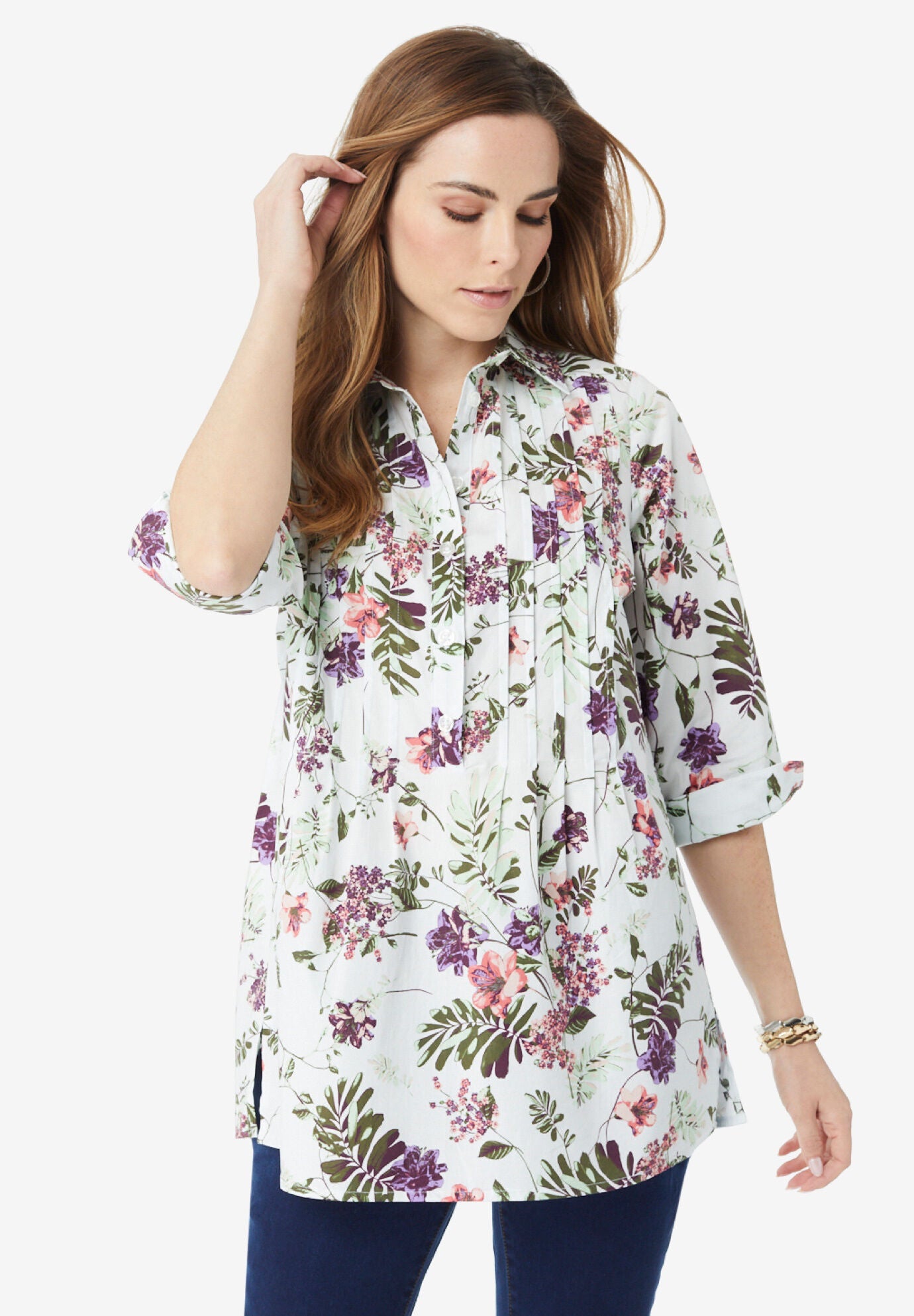 Pleated Stretch-Poplin Tunic, PINK PURPLE BOTANICAL FLORAL, hi-res image number 0