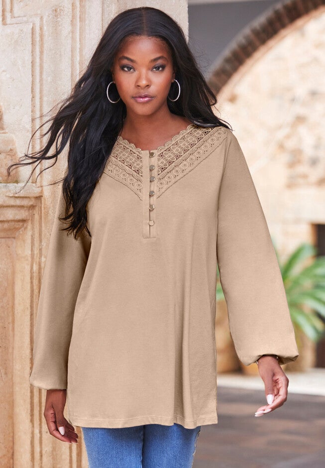 Lace Henley Top, , alternate image number null