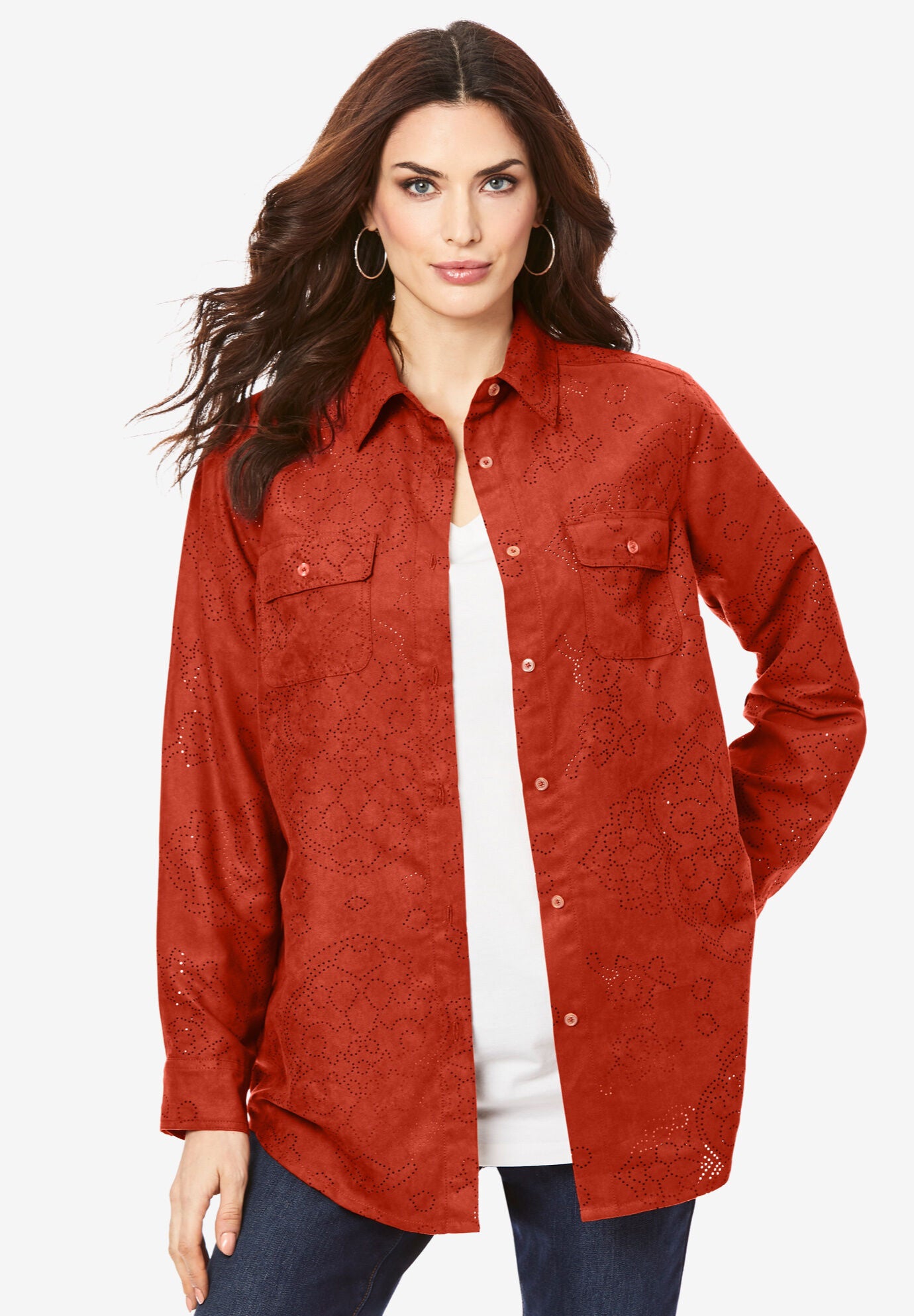 Faux Suede Lazer-Cut Big Shirt, COPPER RED OPEN MEDALLION, hi-res image number 0