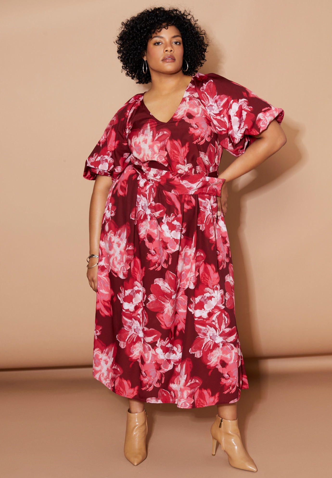 Raglan Puff-Sleeve Midi Dress, AUTUMN BLOSSOMS, hi-res image number 0