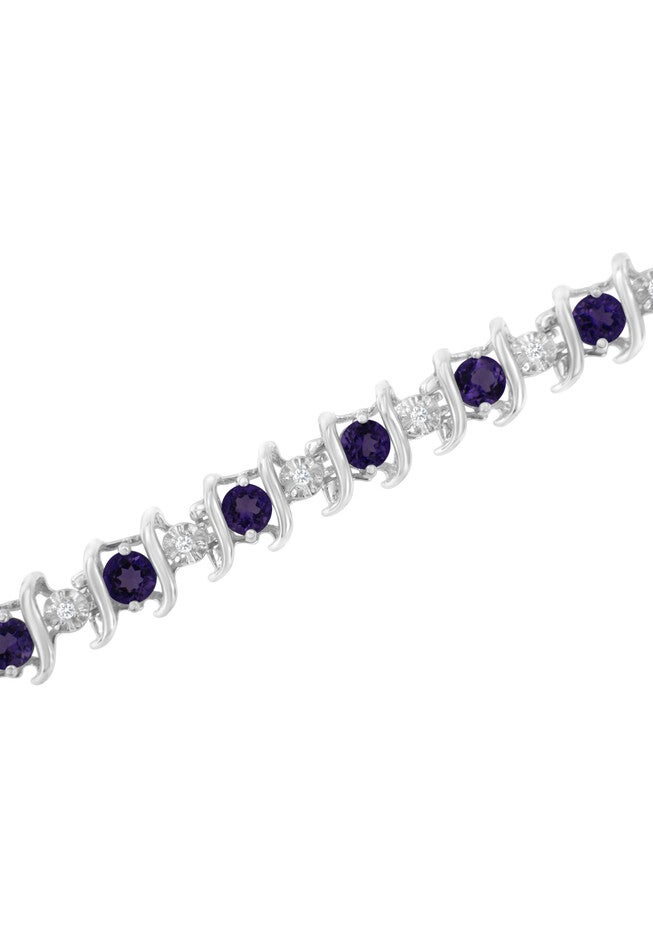 Sterling Silver Gemstone & Round Diamond Tennis Bracelet Purple Amethyst February Birthstone, , alternate image number null