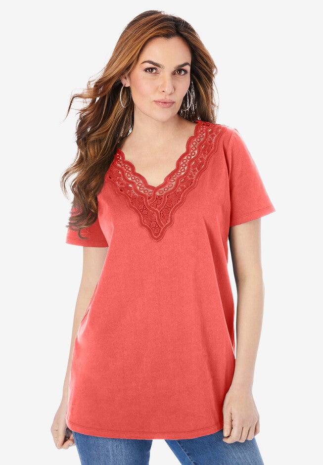 Lace-Trim Embroidered Tee, SUNSET CORAL, hi-res image number 0