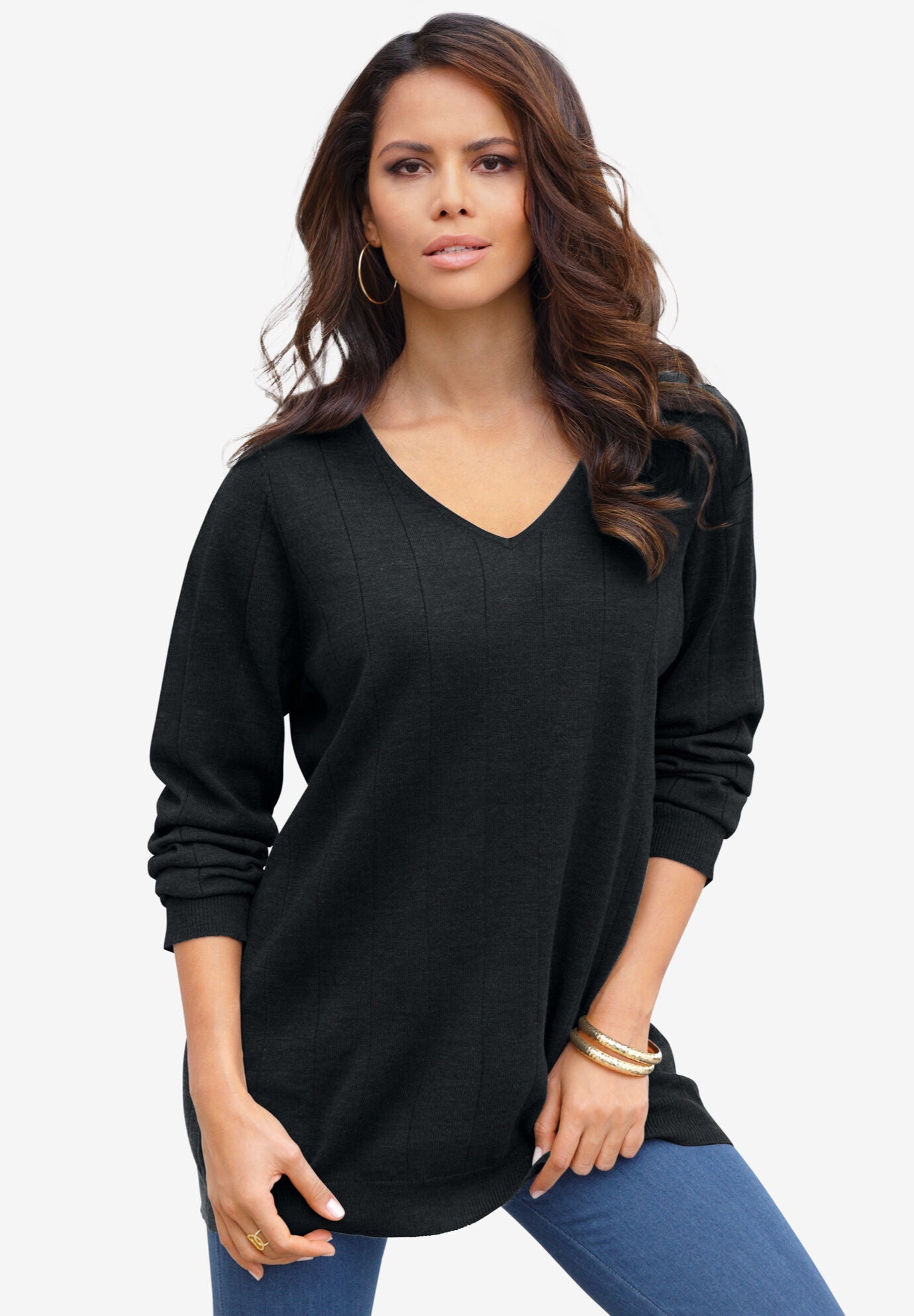 Plus Size Drop Needle V-Neck Lightweight Sweater Knit, BLACK, on-hover image number 1