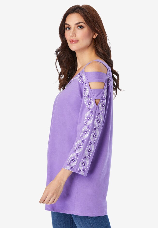 Embroidered Cold-Shoulder Top, , alternate image number 2