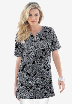 Plus Size Soft Knit Print Tunic with Notch Neckline
