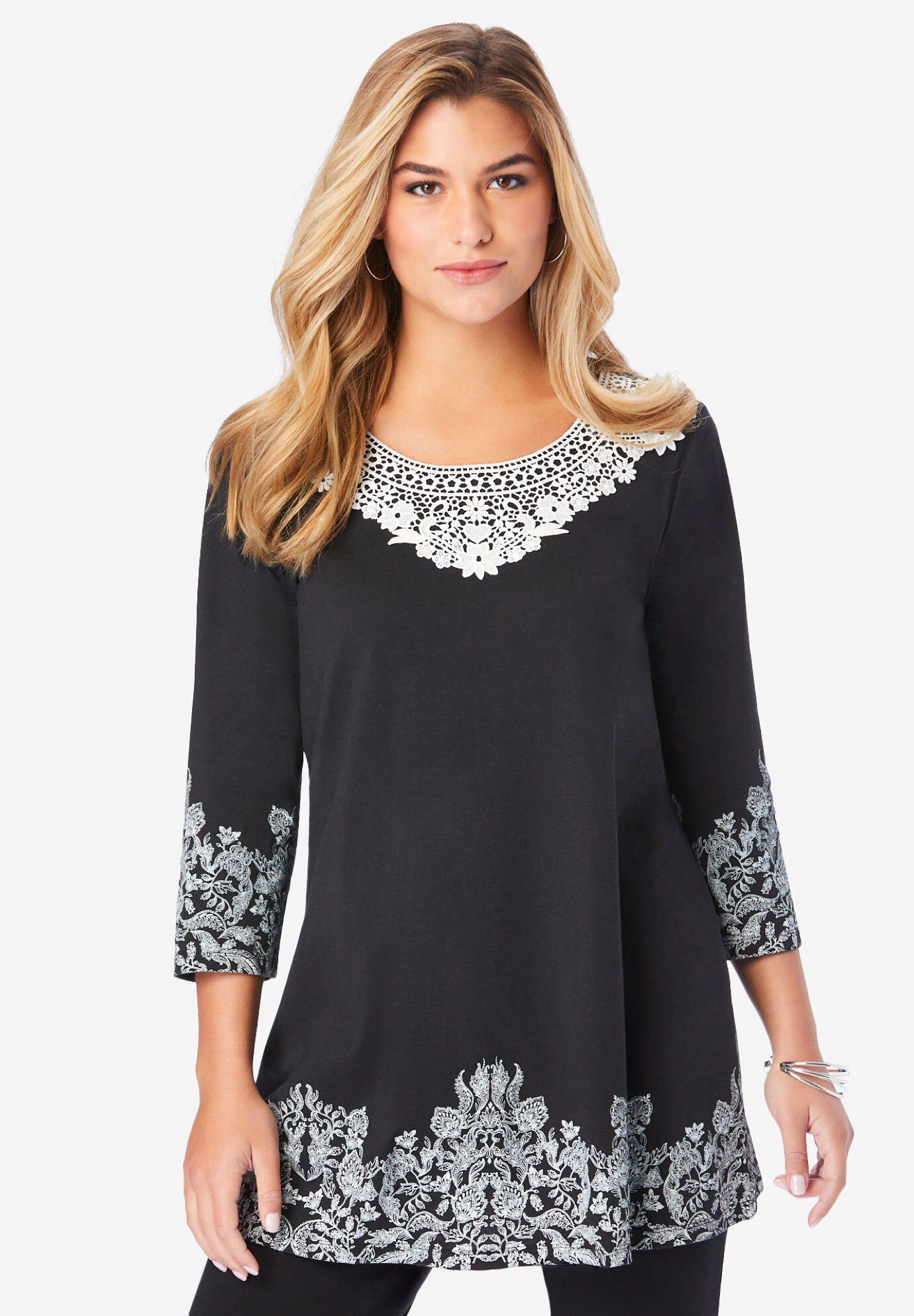Ultra Drape V Neck Lace Print Tee, WHITE SKETCHED PAISLEY, hi-res image number 0