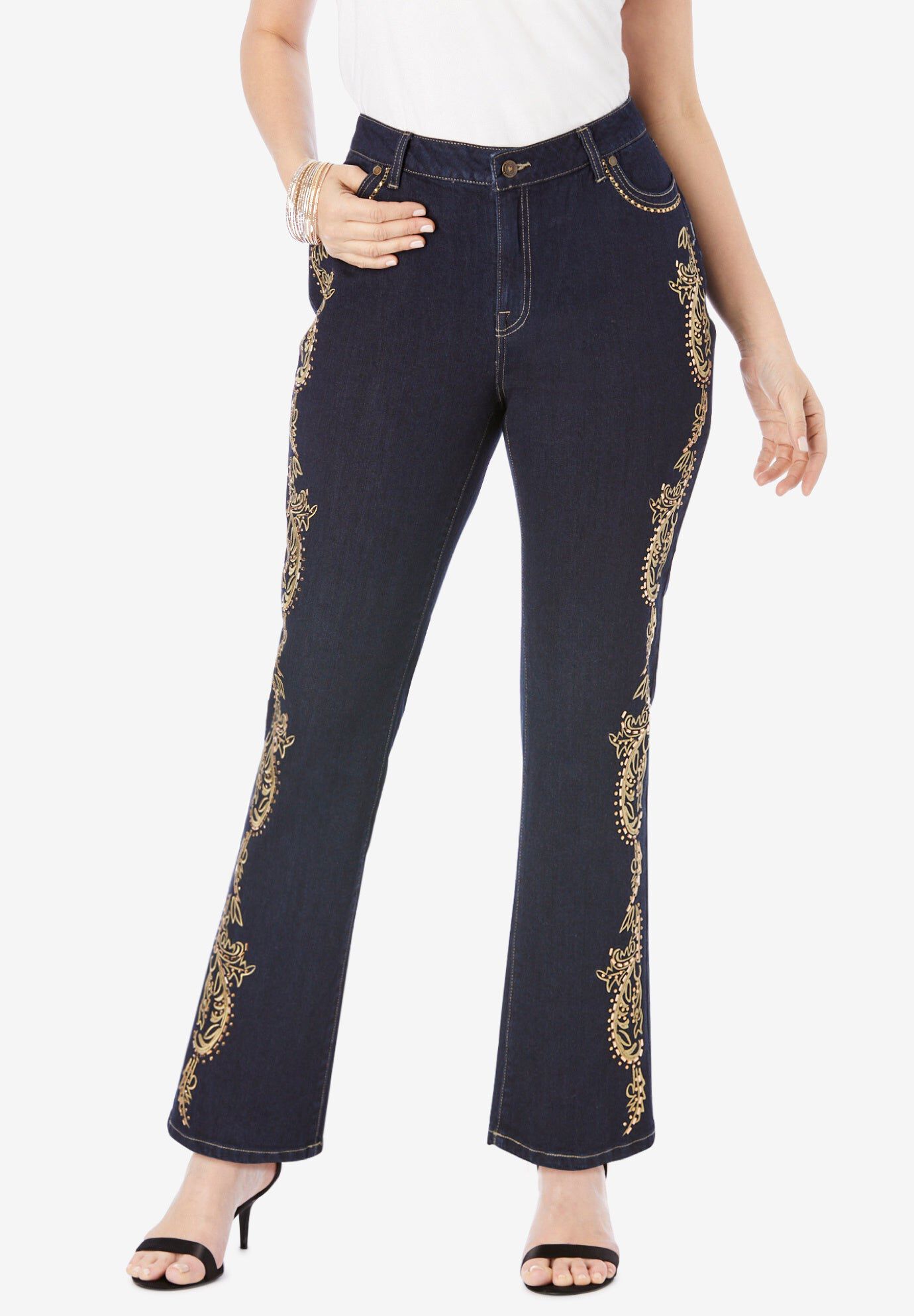 Plus Size Embroidered Bootcut Jean, GOLD LEAF EMBELLISHMENT, hi-res image number 0
