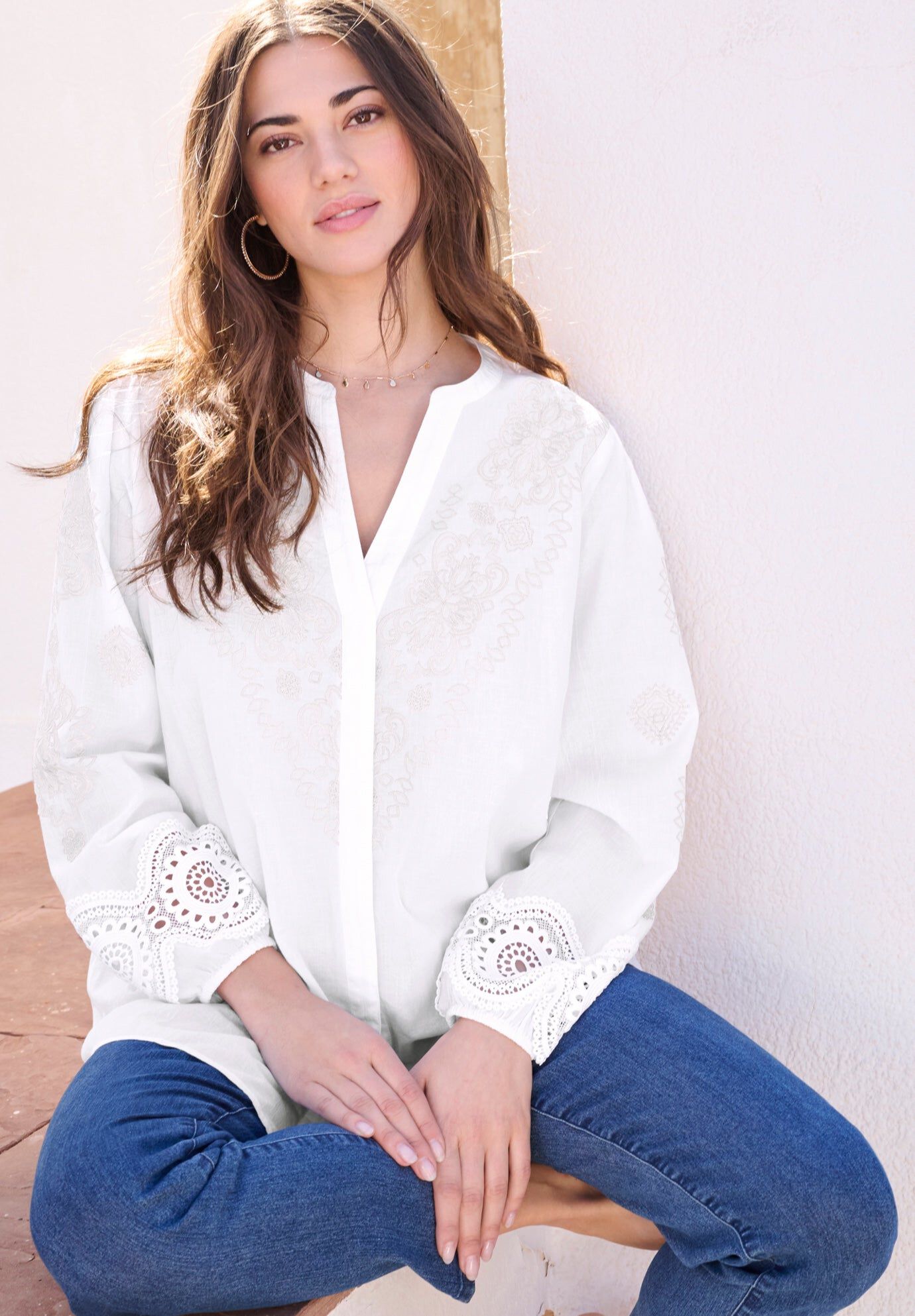 Lace-Trim Blouse, WHITE IVORY EMBROIDERY, hi-res image number 0