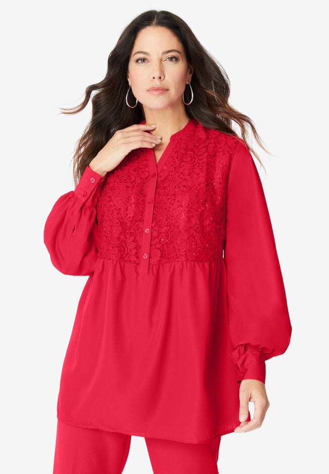 Sequined Lace-Paneled Top, VIVID RED, hi-res image number null