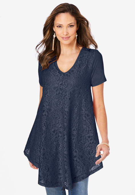 Lace-Overlay Swing Ultra Femme Tunic, NAVY, hi-res image number null