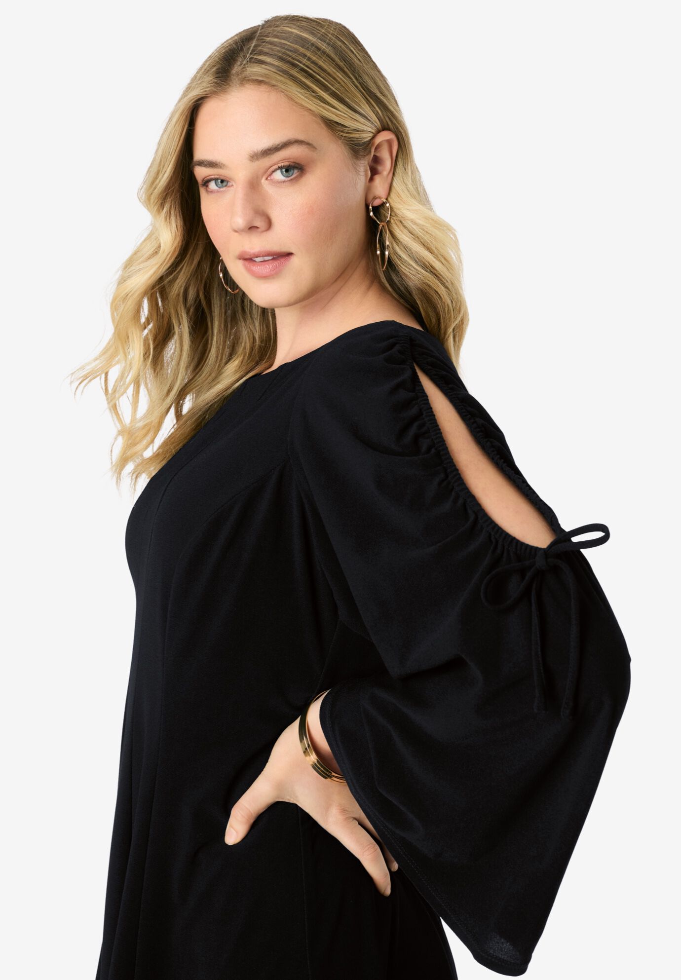 Cold Shoulder Fit-and-Flare Dress, BLACK, alternate image number 2