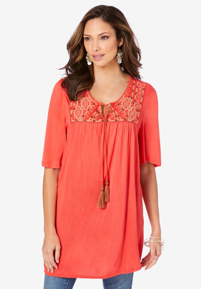 Embroidered Corded-Tie Tunic, SUNSET CORAL, hi-res image number 0