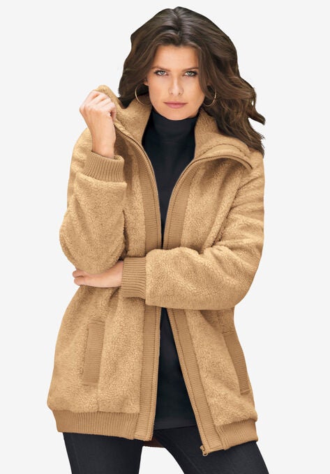 Textured Fleece Bomber Coat, SOFT CAMEL, hi-res image number null