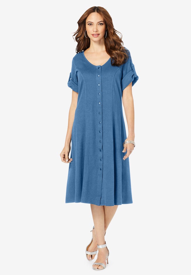 Button-Front Soft Knit Dress, DUSTY INDIGO, hi-res image number 0
