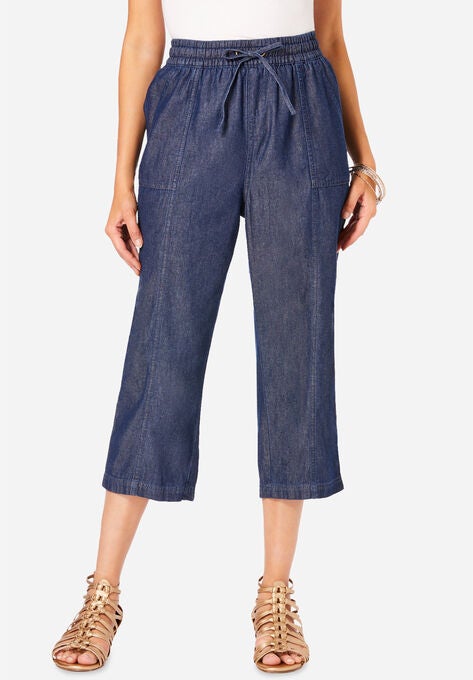Chambray Wide-Leg Capri Pant, MEDIUM WASH, hi-res image number null