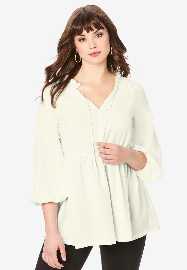 Tie-Neck Georgette Big Shirt., IVORY, hi-res image number null