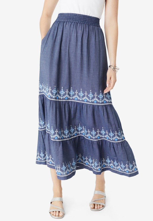 Embroidered Tiered Chambray Skirt, MEDIUM WASH, hi-res image number null