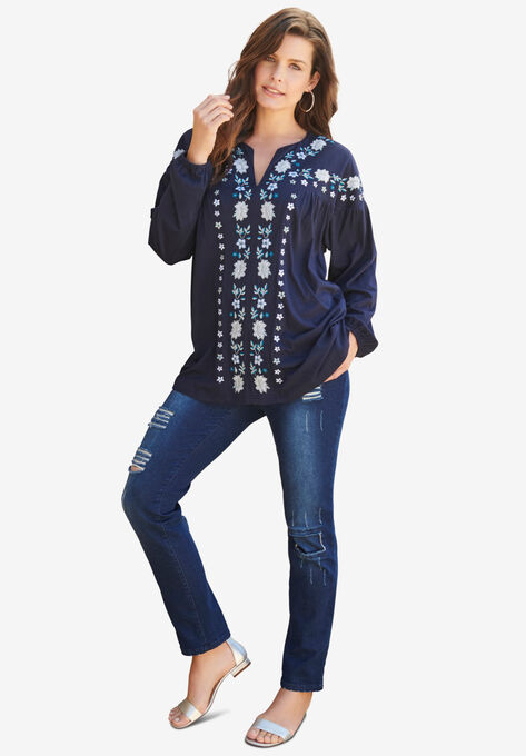 Embroidered Blouson Top, NAVY FLOWER, hi-res image number null