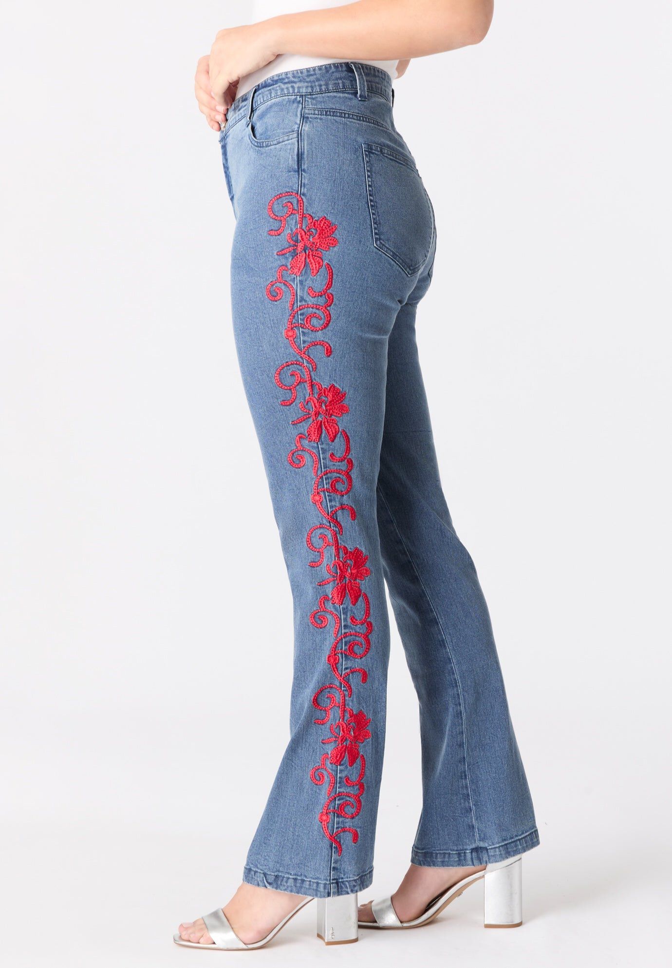 Plus Size Whitney Jean with Invisible Stretch&reg;, VIVID RED SWIRL EMBROIDERY, hi-res image number 0