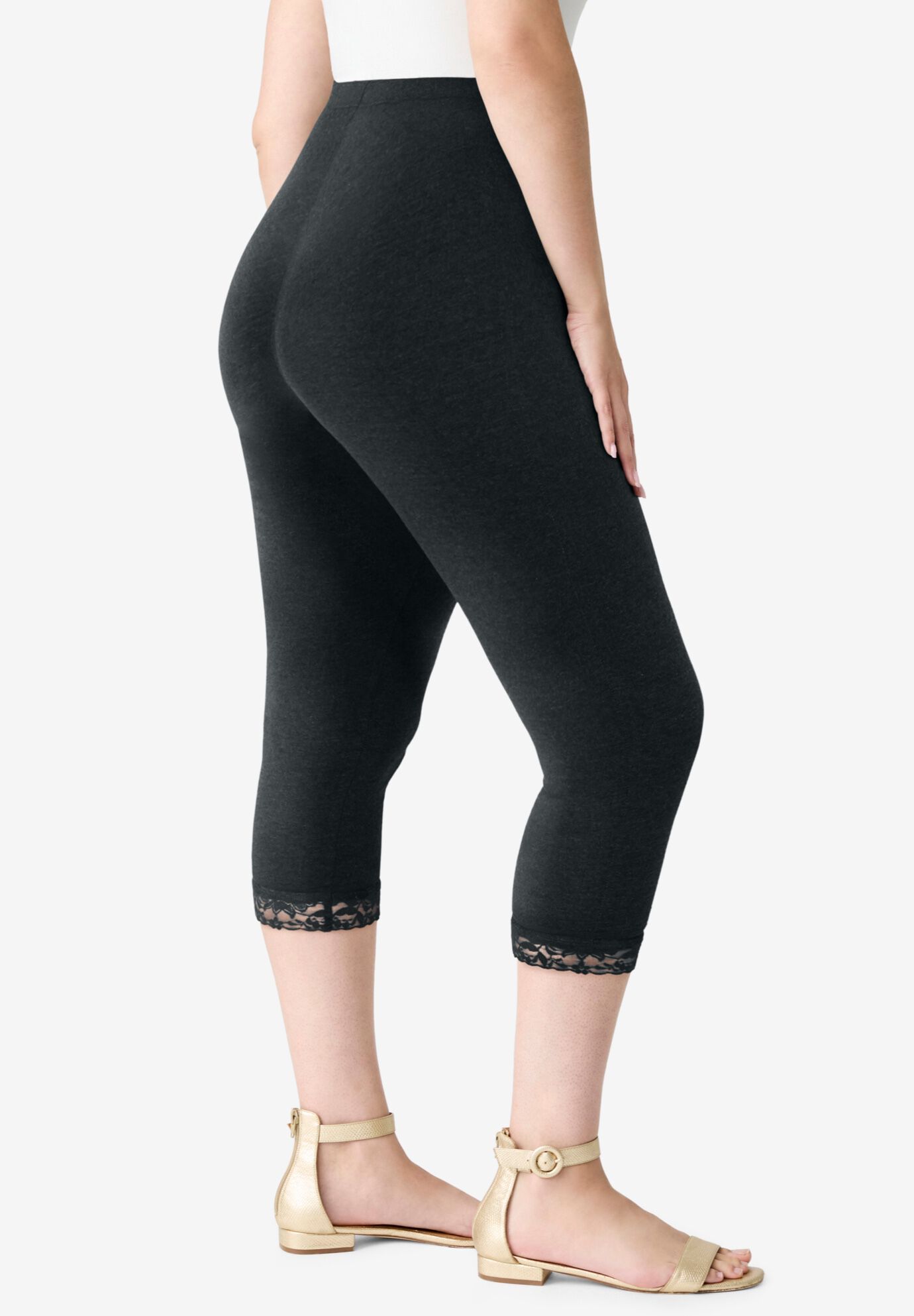 Lace Trim Essential Stretch Capri Legging, HEATHER CHARCOAL, alternate image number 2