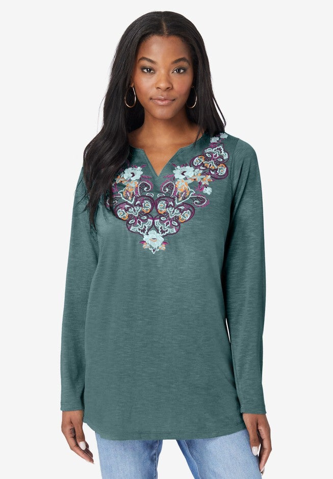 Embroidered Notch Neck Tee, DEEP SAGE PAISLEY EMBROIDERY, hi-res image number null