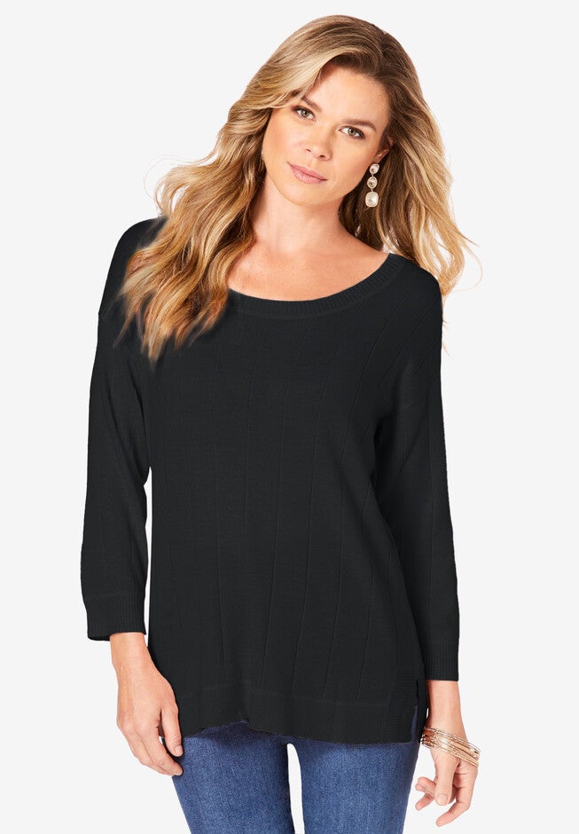 Fine Gauge Drop Needle Ballet Neck Sweater, BLACK, hi-res image number 0