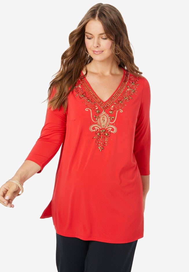 Ultrasmooth® Fabric Embellished Tunic, VIVID RED EMBELLISHED PAISLEY, hi-res image number 0