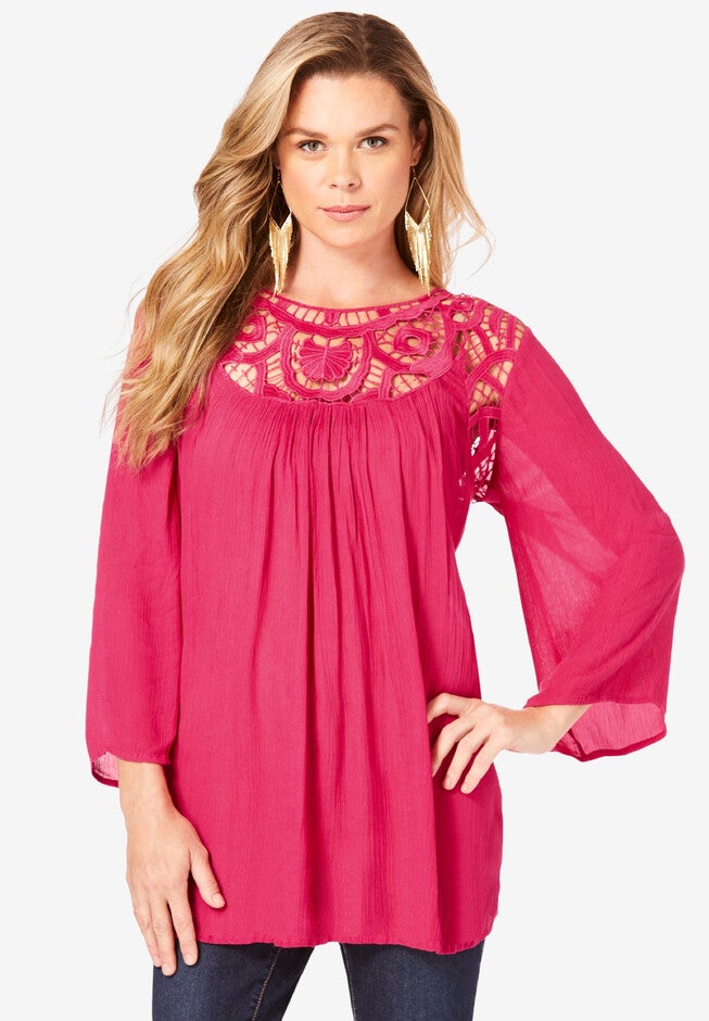 Lace Neckline Tunic, PINK BURST, hi-res image number 0