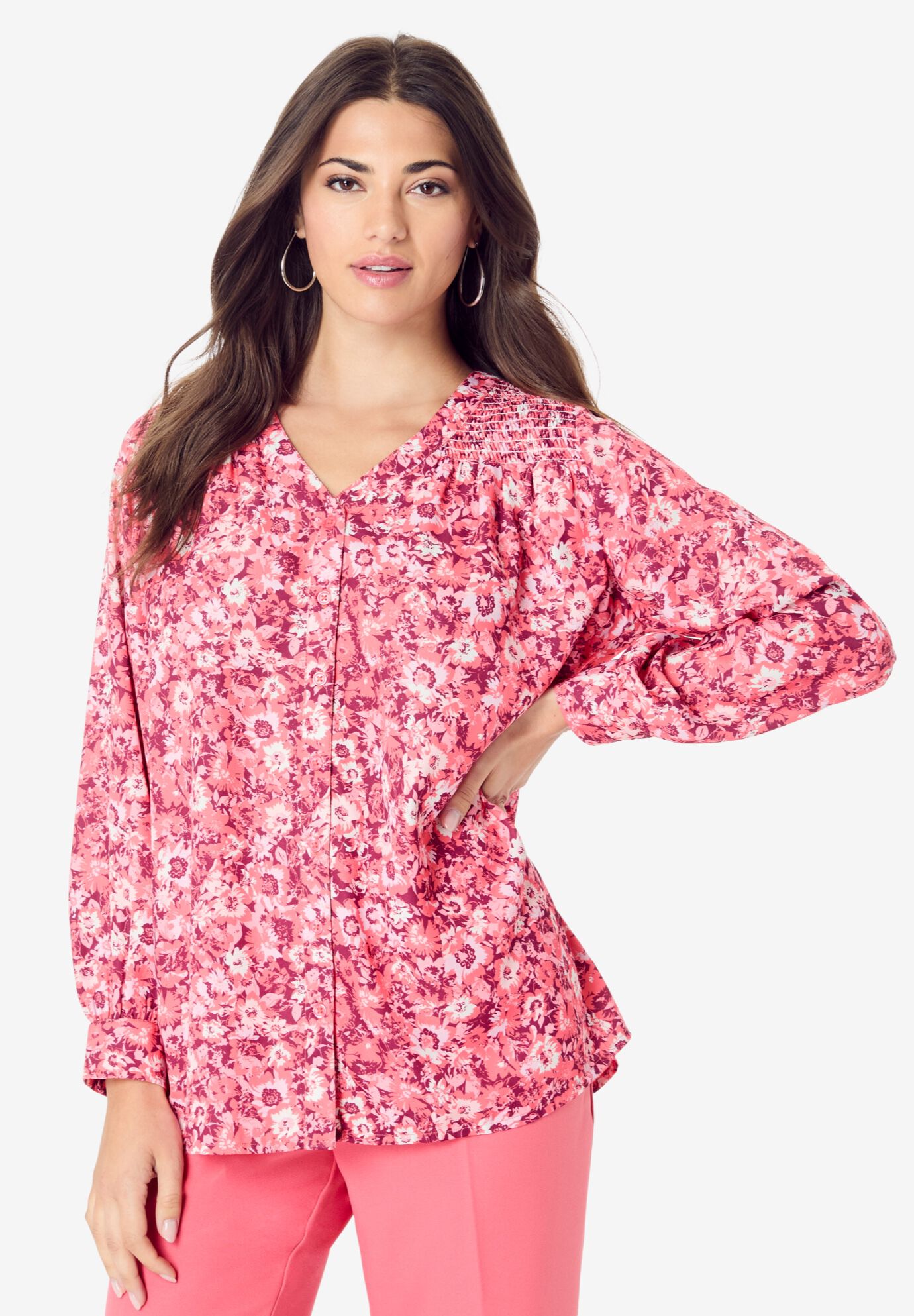 Smocked V-Neck Tunic, CORAL BRUSHED FLORALS, hi-res image number 0