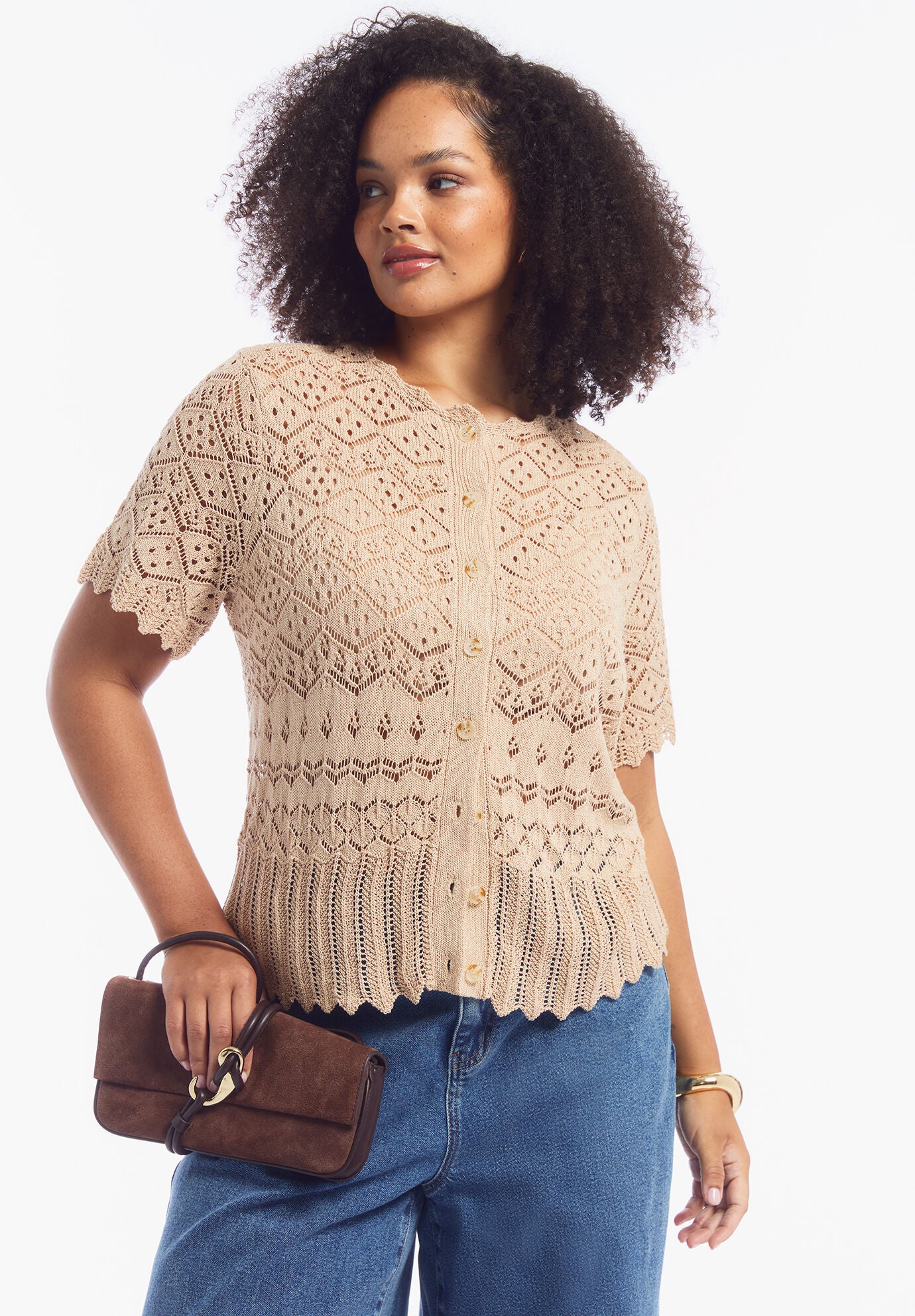 Short-Sleeve Pointelle Cardigan, APRICOT WASH, alternate image number 3