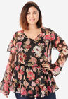 Ruffle Keyhole Tunic with Bell Sleeves, BLACK MULTI FLORAL, hi-res image number null