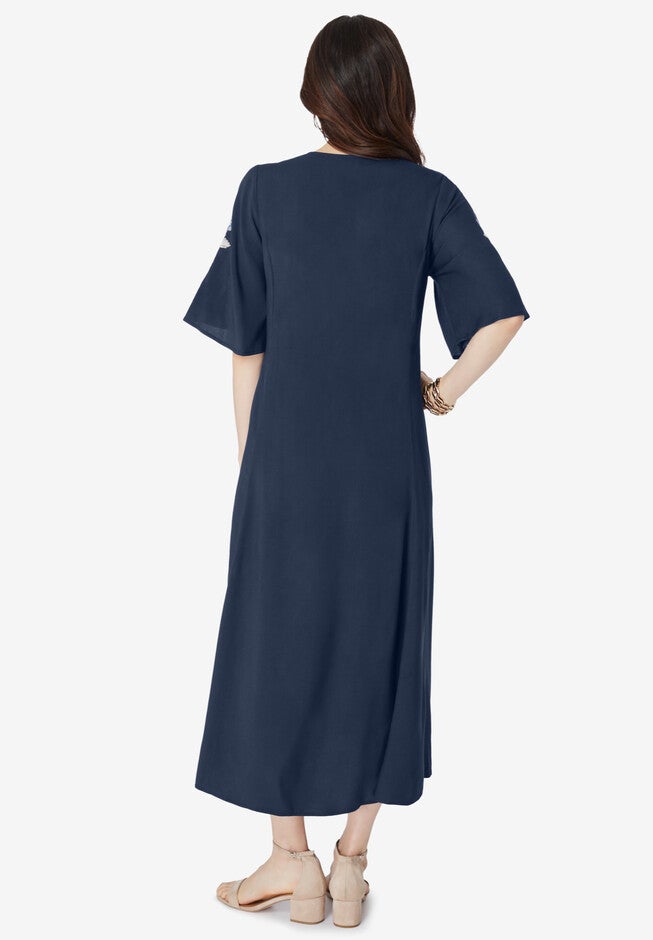 Flutter-Sleeve Embroidered Midi Dress, , on-hover image number null