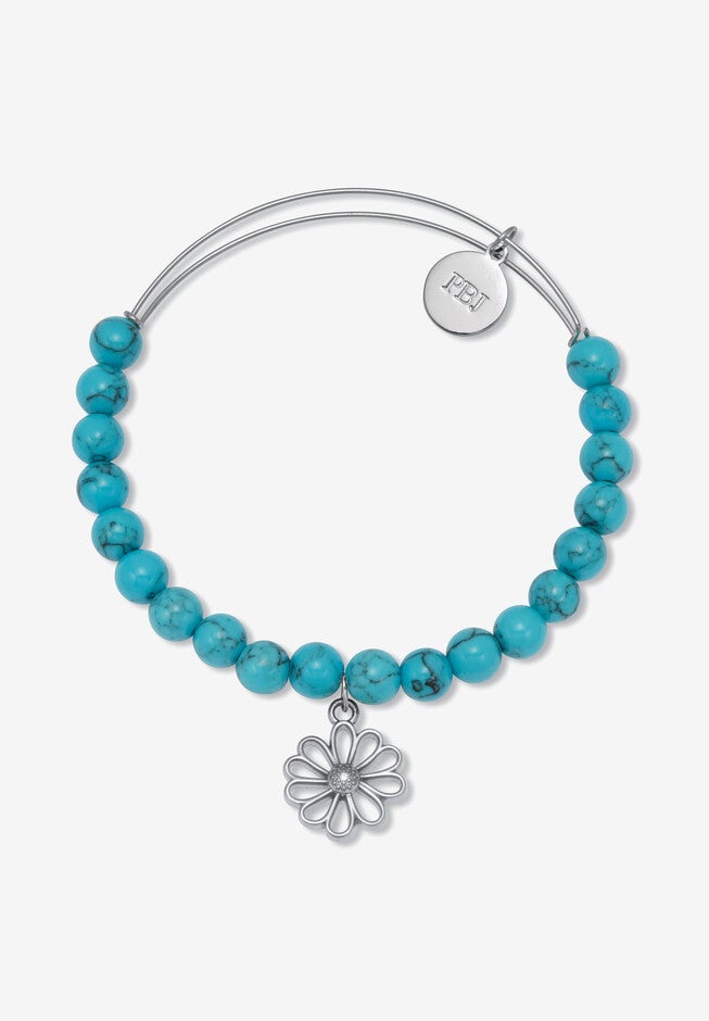 Genuine Blue Turquoise Silvertone Heart Charm Bangle, 7.5 Inches, , on-hover image number 1