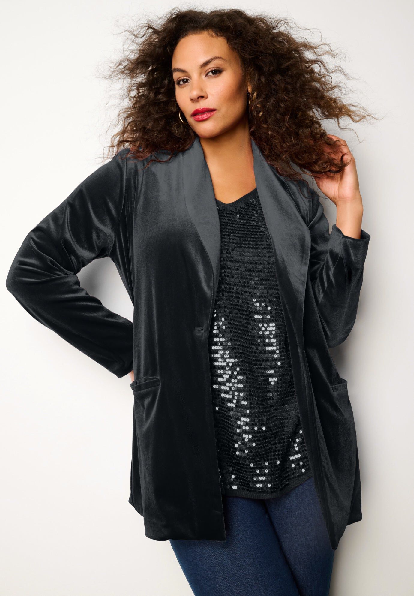 Plus Size Shawl Collar Velour Blazer, BLACK, hi-res image number 0