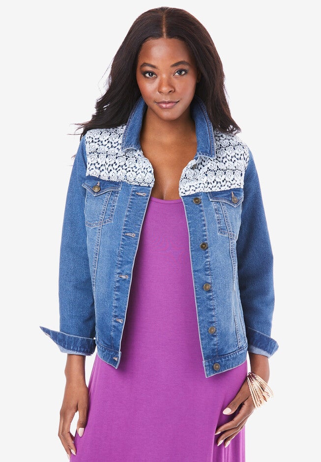 Lace Yoke Denim Jacket, MEDIUM WASH, hi-res image number 0