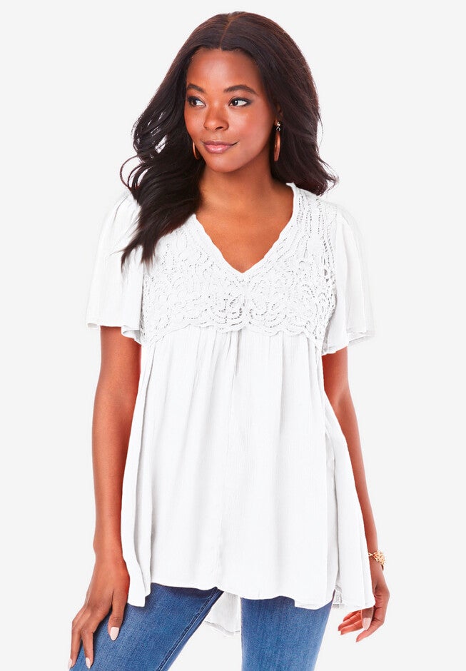 Flutter-Sleeve Lace Baby Doll Tunic, WHITE, hi-res image number 0
