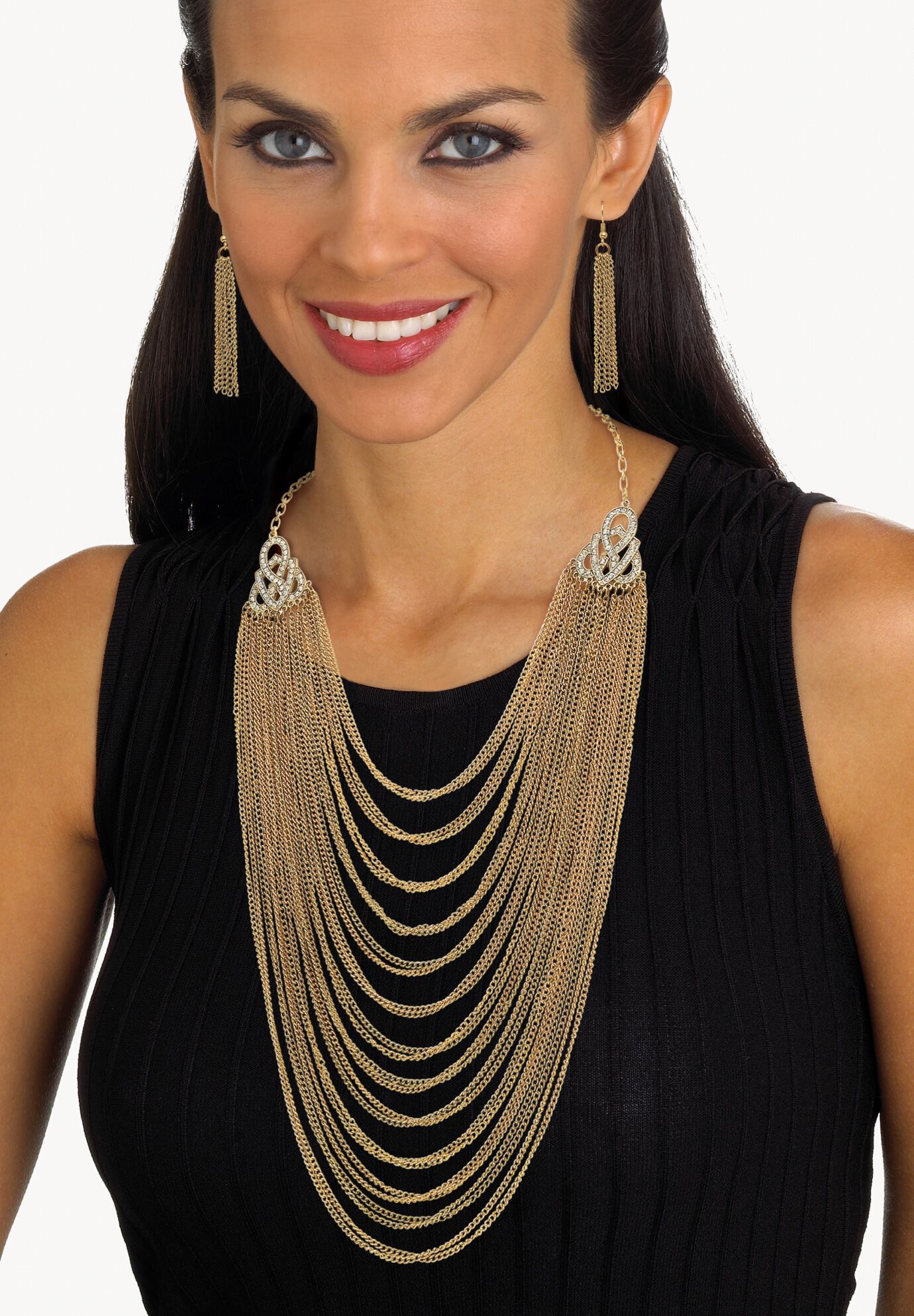 Gold Tone Waterfall 22 inches Necklace and Drop Earring Set, , alternate image number 2