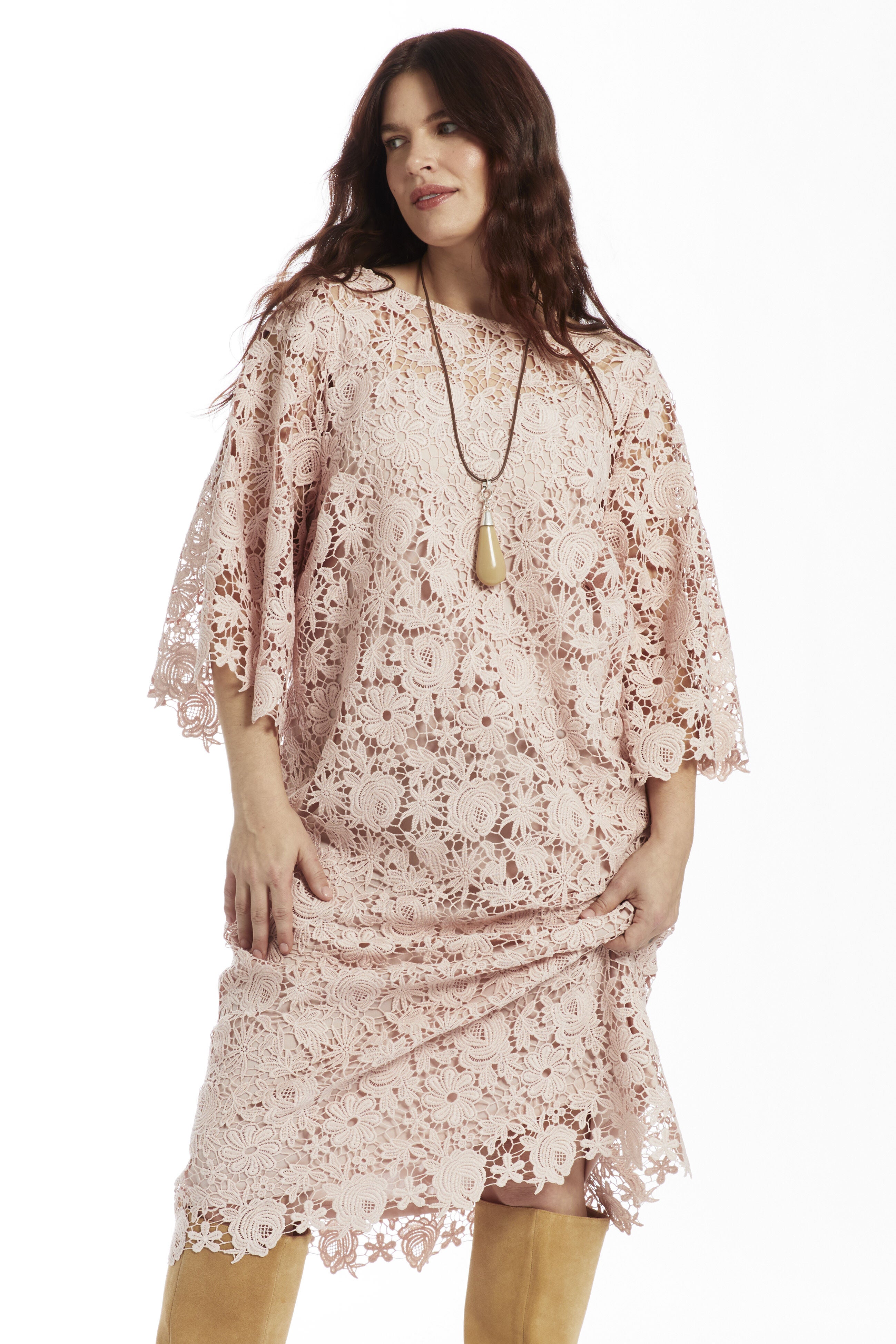 Bell-Sleeve Lace Midi Dress, SEPIA ROSE, on-hover image number 1