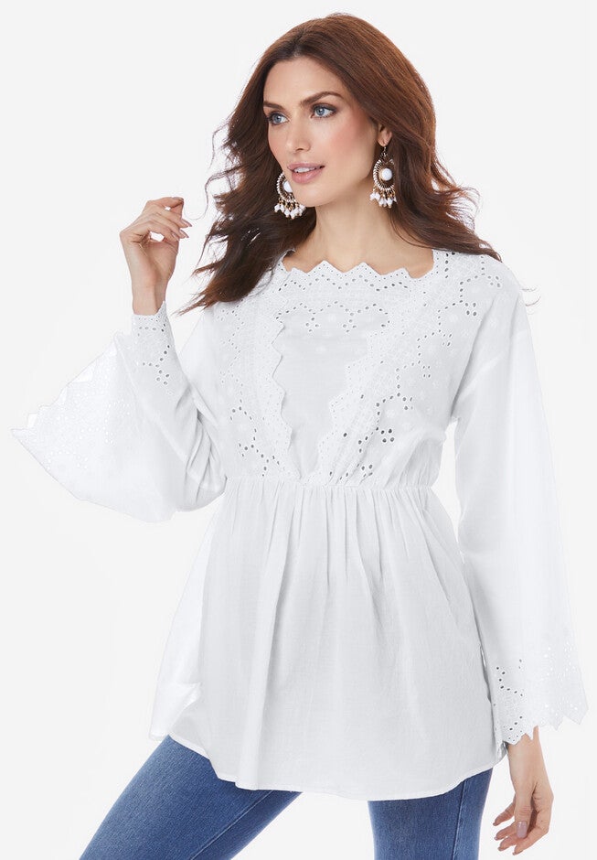 Angel-Sleeve Eyelet Tunic., WHITE, hi-res image number 0