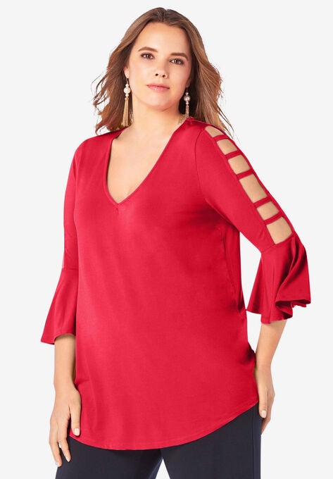 Ultrasmooth® Fabric Lattice-Sleeve Top, VIVID RED, hi-res image number null