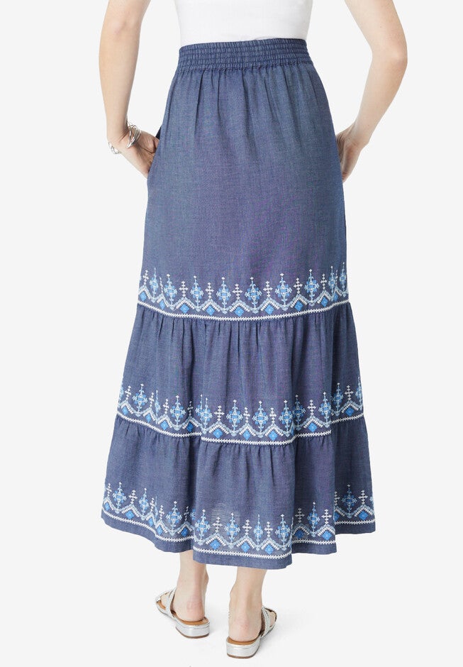 Embroidered Tiered Chambray Skirt, , on-hover image number null