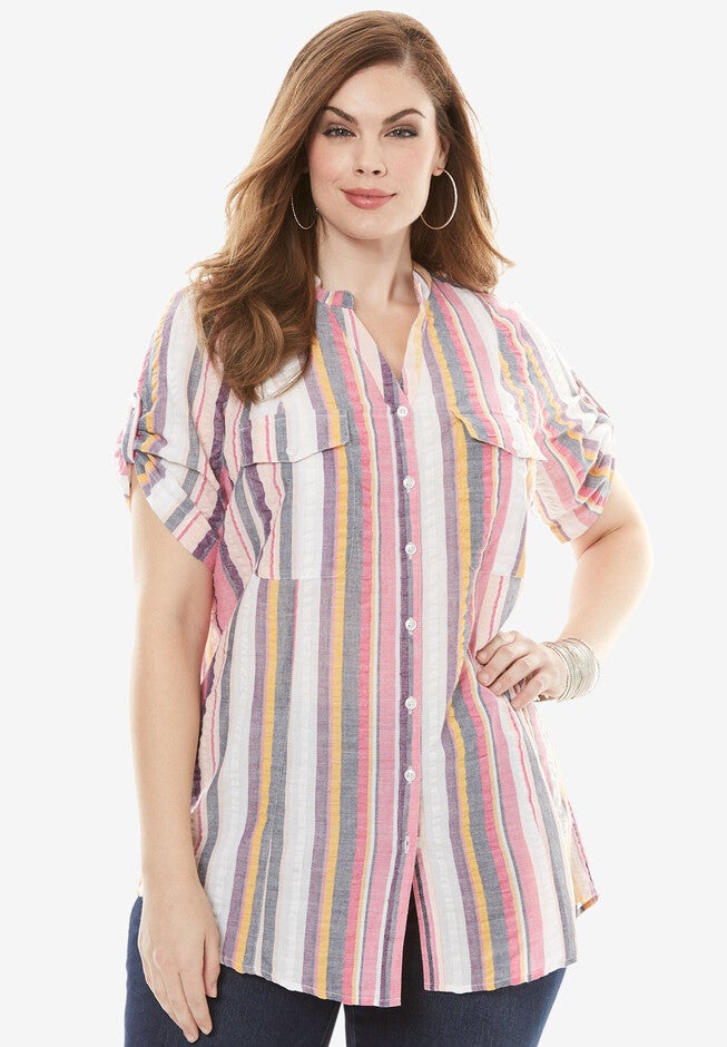 Seersucker Shirt with Tab Sleeves, PINK MULTI STRIPE, hi-res image number 0